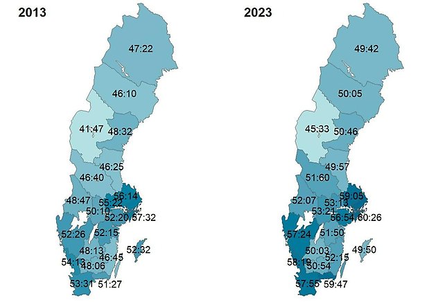 Kartbilder som jämför ´medelöppet, timmar per vecka, per region 2013 jämfört med 2023.