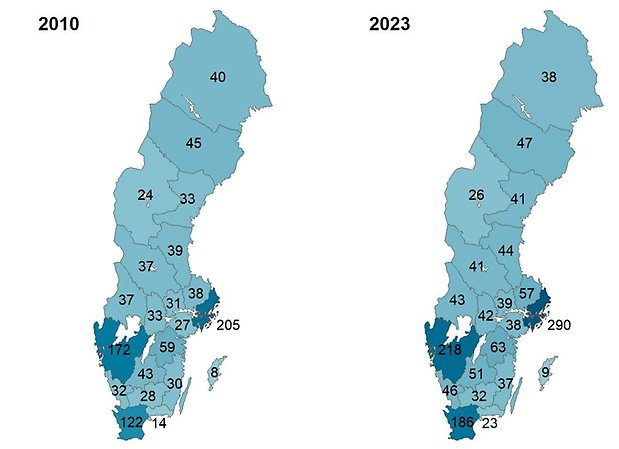Kartbilder över Sverige med jämförelse 2010 och 2023 med antal apotek i olika regioner.