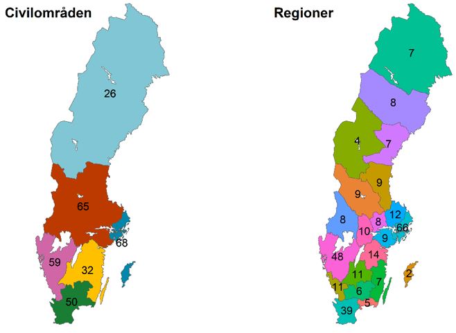 Bilden visar två kartor som visar fördelningen av beredskapsapotek per civilområde och regioner