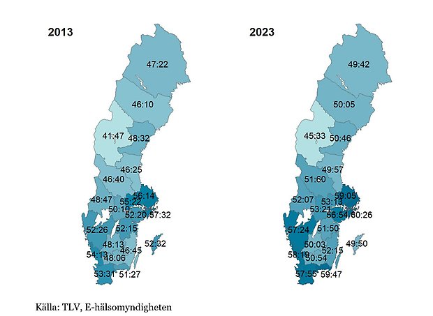 Kartbilder som jämför ´medelöppet, timmar per vecka, per region 2013 jämfört med 2023.